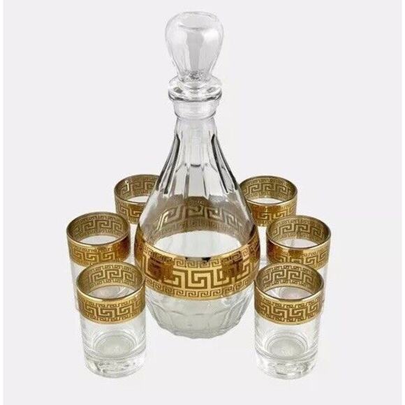 Greek Key Decanter and Shot Glass Set of 7 – 16.9 oz Decanter, 2 oz Shot Glasses - Picture 2 of 6